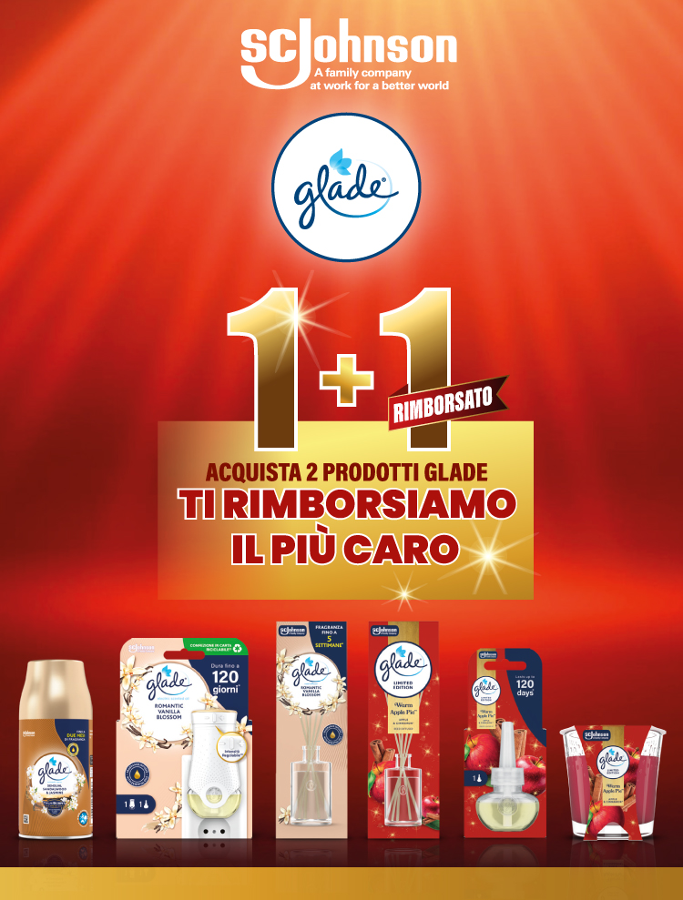 Immagine mobile che spiega la meccanica del cashback Iniziativa Glade 1+1 Glade rimborsato: Con l'acquisto di 2 prodotti Glade ricevi il rimborso del prodotto più caro